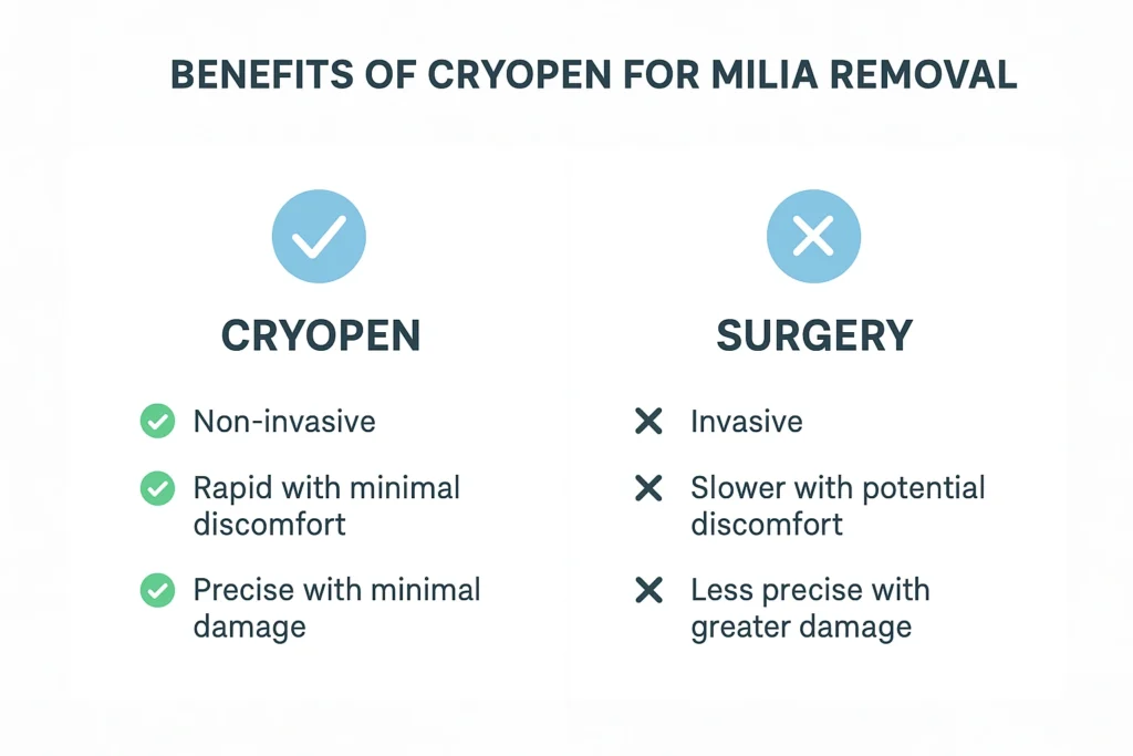 Benefits of cryopen for milia removal Blackwall compared to surgical treatments.